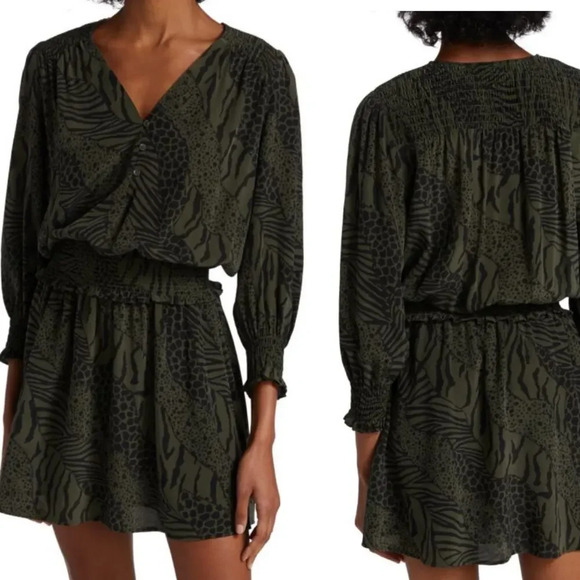 RAILS Zana Animal-Print Smocked-Waist Mini Dress Olive Green Small - Picture 1 of 10